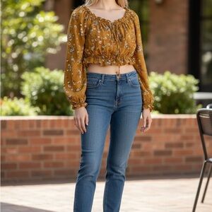 Floral Mustard Yellow Cropped Peasant Top Long Sleeve Cottagecore M Romwe